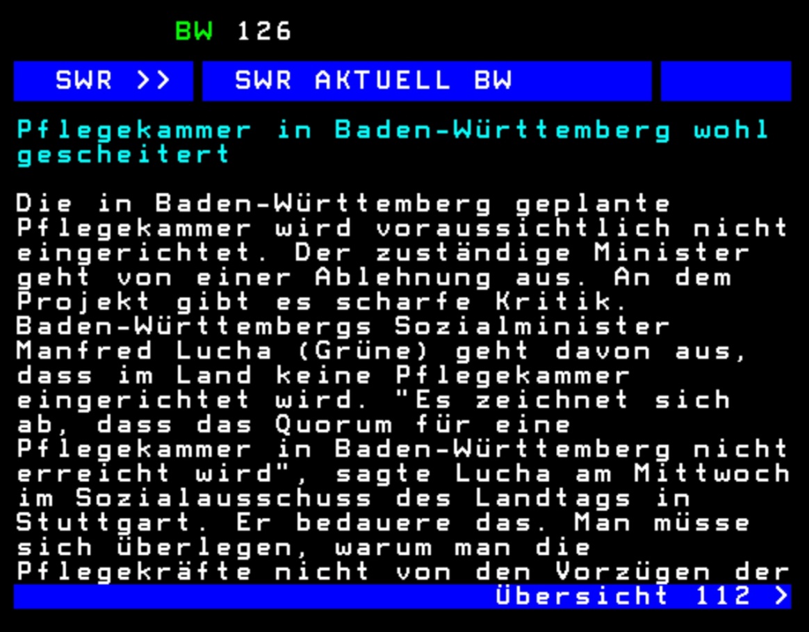 SWR Videotext Pflegekammer wird wohl nicht kommen
